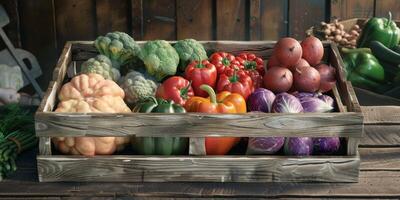 wooden box basket with vegetables photo