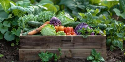 wooden box basket with vegetables photo