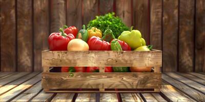 wooden box basket with vegetables photo