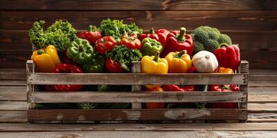 wooden box basket with vegetables photo