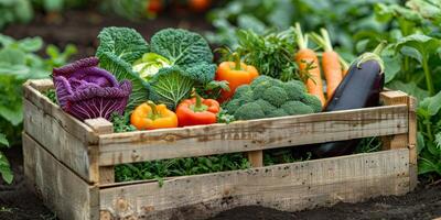 wooden box basket with vegetables photo