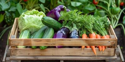 wooden box basket with vegetables photo