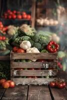 wooden box basket with vegetables photo