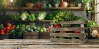 de madera caja cesta con vegetales foto