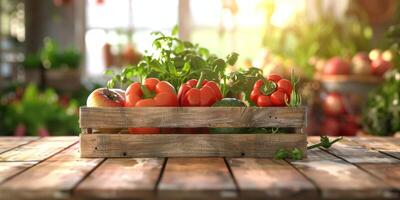 wooden box basket with vegetables photo