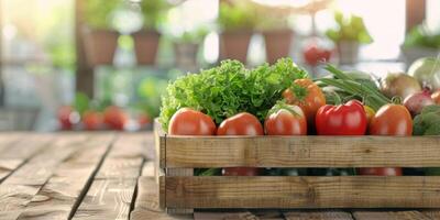 de madera caja cesta con vegetales foto