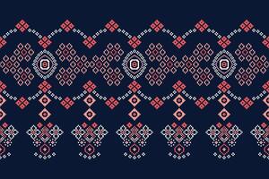 Traditional ethnic motifs ikat geometric fabric pattern cross stitch.Ikat embroidery Ethnic oriental Pixel navy blue background. Abstract,illustration. Texture,decoration,wallpaper. vector