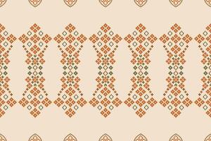 Traditional ethnic motifs ikat geometric fabric pattern cross stitch.Ikat embroidery Ethnic oriental Pixel brown cream background. Abstract,illustration. Texture,scarf,decoration,wallpaper. vector