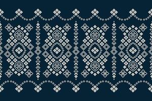 Traditional ethnic motifs ikat geometric fabric pattern cross stitch.Ikat embroidery Ethnic oriental Pixel navy blue background. Abstract,illustration. Texture,decoration,wallpaper. vector