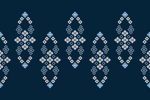 Traditional ethnic motifs ikat geometric fabric pattern cross stitch.Ikat embroidery Ethnic oriental Pixel navy blue background. Abstract,illustration. Texture,decoration,wallpaper. vector