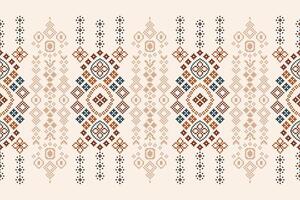 Traditional ethnic motifs ikat geometric fabric pattern cross stitch.Ikat embroidery Ethnic oriental Pixel brown cream background. Abstract,illustration. Texture,scarf,decoration,wallpaper. vector