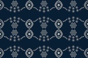 Traditional ethnic motifs ikat geometric fabric pattern cross stitch.Ikat embroidery Ethnic oriental Pixel navy blue background. Abstract,illustration. Texture,decoration,wallpaper. vector