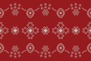 Traditional ethnic motifs ikat geometric fabric pattern cross stitch.Ikat embroidery Ethnic oriental Pixel red background. Abstract,illustration. Texture,christmas,decoration,wallpaper. vector