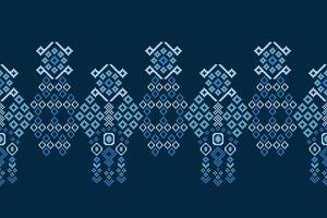 Traditional ethnic motifs ikat geometric fabric pattern cross stitch.Ikat embroidery Ethnic oriental Pixel navy blue background. Abstract,illustration. Texture,decoration,wallpaper. vector