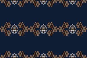 Traditional ethnic motifs ikat geometric fabric pattern cross stitch.Ikat embroidery Ethnic oriental Pixel navy blue background. Abstract,illustration. Texture,decoration,wallpaper. vector