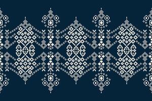 Traditional ethnic motifs ikat geometric fabric pattern cross stitch.Ikat embroidery Ethnic oriental Pixel navy blue background. Abstract,illustration. Texture,decoration,wallpaper. vector