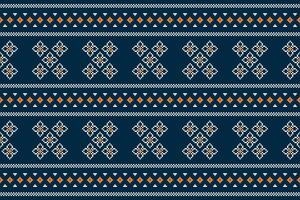 Traditional ethnic motifs ikat geometric fabric pattern cross stitch.Ikat embroidery Ethnic oriental Pixel navy blue background. Abstract,illustration. Texture,decoration,wallpaper. vector