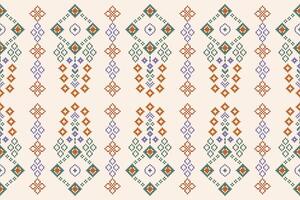 Traditional ethnic motifs ikat geometric fabric pattern cross stitch.Ikat embroidery Ethnic oriental Pixel brown cream background. Abstract,illustration. Texture,scarf,decoration,wallpaper. vector
