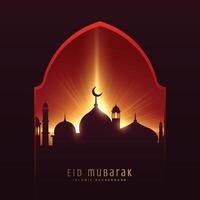 festival greeting for muslim eid mubarak with mosque and rays background vector