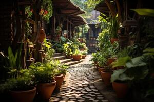 Brick Path Plants Nestled Buildings photo