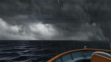 In the middle of the sea on a small boat with lots of rain and thunderstorms video
