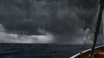 in de midden- van de zee Aan een klein boot met veel van regen en onweersbuien video