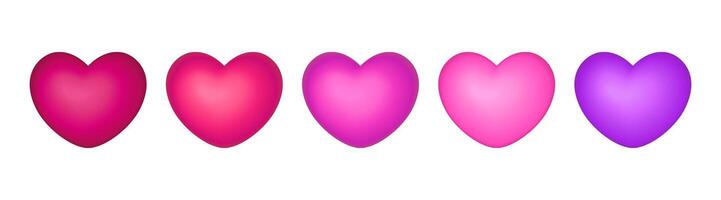 Set of red, pink and purple 3D hearts isolated on white background vector
