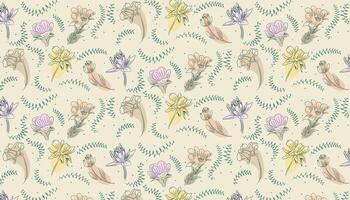 texture with pattern of various flowers and plants in vintage style vector