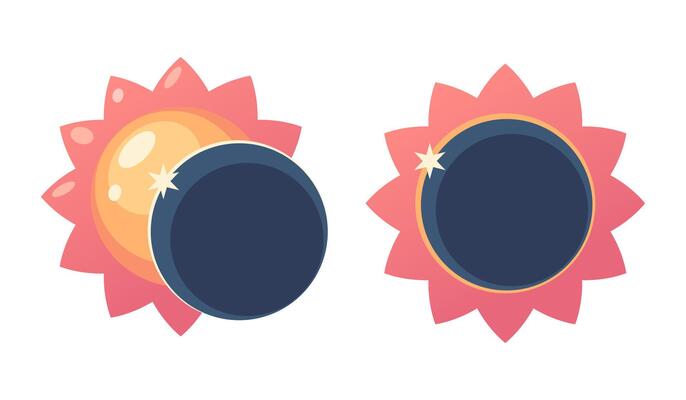 Solar Eclipse Cute icons set in flat cartoon style