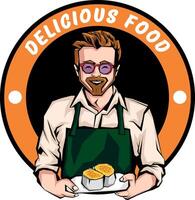 waiter with glasses showing plate of sushi, comic illustration for gourmet food restaurant logo vector