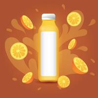 publicidad ilustración modelo para naranja jugo botella con blanco frente etiqueta, antecedentes decorado con naranjas y líquido en chapoteo vector