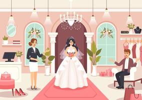 Boda tienda ilustración con amante mirando para joyería, hermosa novia vestidos y accesorios a obtener casado en plano dibujos animados antecedentes vector
