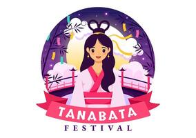 Tanabata Japan Festival Illustration with People Wearing Kimono and Peonies Flowers in National Holiday Flat Cute Cartoon Background vector