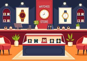 Watches Store Illustration with Presentation of Stylish Wristwatch Collection Various Models, Analog and Digital in Flat Cartoon Background vector