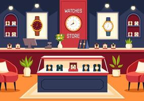 relojes Tienda ilustración con presentación de elegante reloj de pulsera colección varios modelos, término análogo y digital en plano dibujos animados antecedentes vector