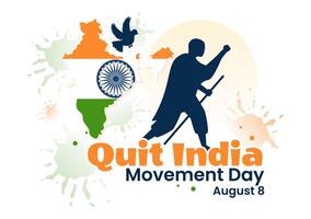 dejar India movimiento día ilustración en 8 agosto con indio bandera y personas silueta en plano dibujos animados antecedentes diseño vector