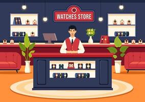 relojes Tienda ilustración con presentación de elegante reloj de pulsera colección varios modelos, término análogo y digital en plano dibujos animados antecedentes vector