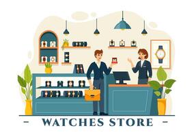 relojes Tienda ilustración con presentación de elegante reloj de pulsera colección varios modelos, término análogo y digital en plano dibujos animados antecedentes vector