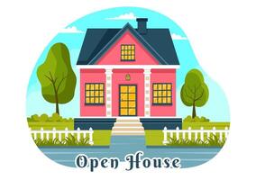 abierto casa ilustración para inspección propiedad Bienvenido a tu nuevo hogar real inmuebles Servicio en plano dibujos animados antecedentes diseño vector