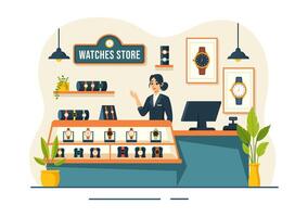 Watches Store Illustration with Presentation of Stylish Wristwatch Collection Various Models, Analog and Digital in Flat Cartoon Background vector