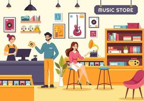 música Tienda ilustración con varios musical instrumentos, cd, casete cintas y audio grabaciones en plano estilo dibujos animados antecedentes diseño vector