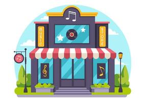 Music Store Illustration with Various Musical Instruments, CD, Cassette Tapes and Audio Recordings in Flat Style Cartoon Background Design vector