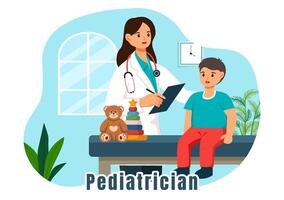 pediatra ilustración con examina enfermo niños para médico desarrollo, vacunación y tratamiento en plano dibujos animados antecedentes diseño vector