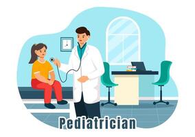 pediatra ilustración con examina enfermo niños para médico desarrollo, vacunación y tratamiento en plano dibujos animados antecedentes diseño vector