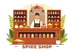 Spice Shop Illustration With Different Hot Sauces, Condiment, Exotic Fresh Seasoning and Traditional Herbs in Flat Cartoon Background vector