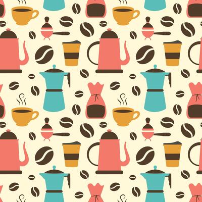 Coffee Time Seamless Pattern Design With Cacao Beans, Grains and Jug in Cartoon Flat Illustration
