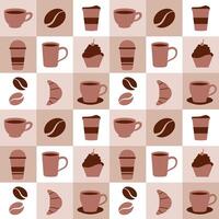 café hora sin costura modelo diseño con cacao frijoles, granos y jarra en dibujos animados plano ilustración vector
