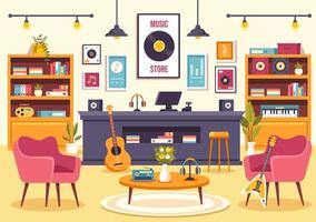 música Tienda ilustración con varios musical instrumentos, cd, casete cintas y audio grabaciones en plano estilo dibujos animados antecedentes diseño vector