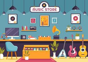 música Tienda ilustración con varios musical instrumentos, cd, casete cintas y audio grabaciones en plano estilo dibujos animados antecedentes diseño vector