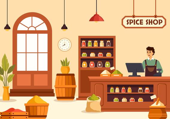 Spice Shop Illustration With Different Hot Sauces, Condiment, Exotic Fresh Seasoning and Traditional Herbs in Flat Cartoon Background